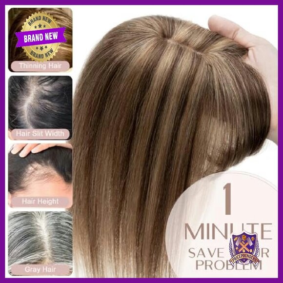Human Hair Topper with Bangs, Silk Base, 2.75x5.1 Inch, 3 Clips